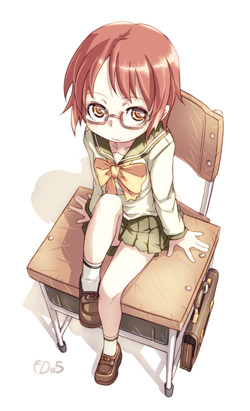bailknight, original, briefcase, brown eyes, brown hair, chair, glasses, legs, pleated skirt, school briefcase, school uniform, serafuku, shoes, short hair, skirt, socks, solo, striped clothes, striped socks, wooden chair