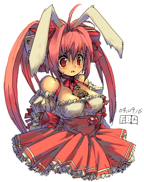 fbc, usada hikaru, di gi charat, ahoge, animal ears, between breasts, bird, blouse, breasts, choker, cleavage, hair between eyes, hair intakes, large breasts, oekaki, pink hair, rabbit ears, red eyes, ribbon, shirt, simple background, solo, twintails, white background, white shirt