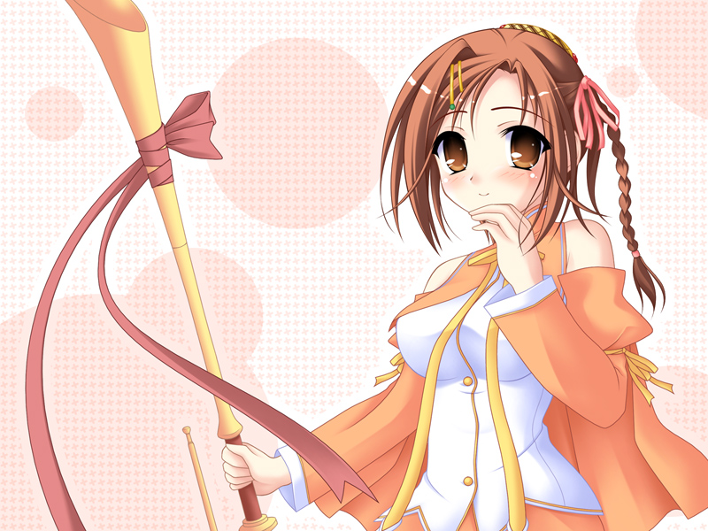 kakesu, kamisaka haruhi, happiness!, 00s, 1girl, blush, braid, brown eyes, brown hair, female focus, hair ornament, hairclip, ribbon, solo