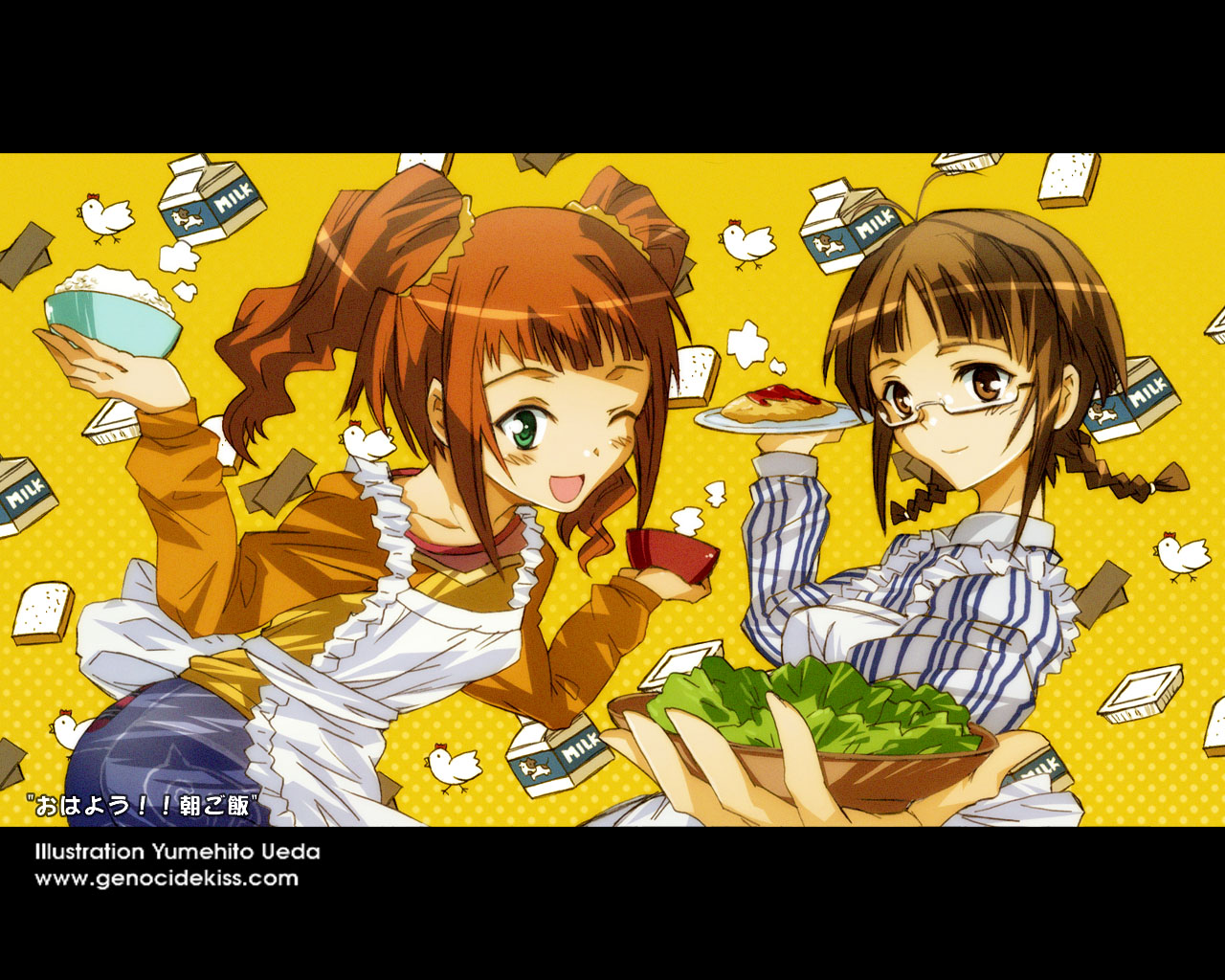 ueda yumehito, akizuki ritsuko, takatsuki yayoi, idolmaster, idolmaster (classic), idolmaster 1, 00s, 2girls, ahoge, apron, bird, blush, bowl, braid, bread, chicken, collarbone, food, glasses, holding, long sleeves, looking at viewer, milk, multiple girls, one eye closed, plate, raglan sleeves, rice bowl, salad, smile, steam, twin braids, twintails