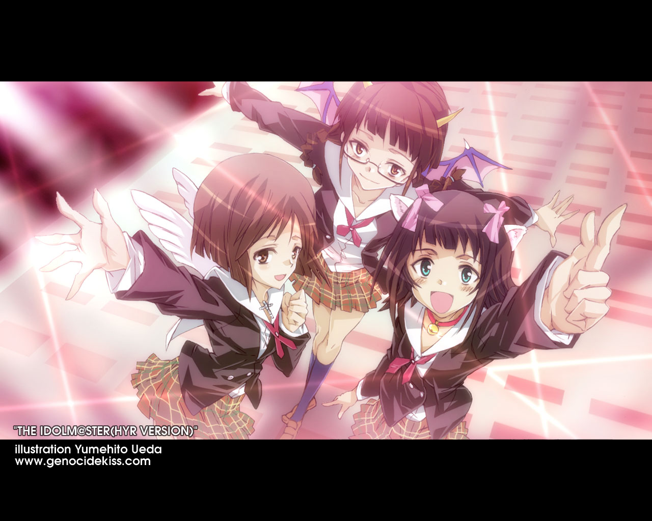 ueda yumehito, akizuki ritsuko, amami haruka, hagiwara yukiho, idolmaster, idolmaster (classic), idolmaster 1, uniform, 00s, animal ears, bell, glasses, letterboxed, ribbon, wings