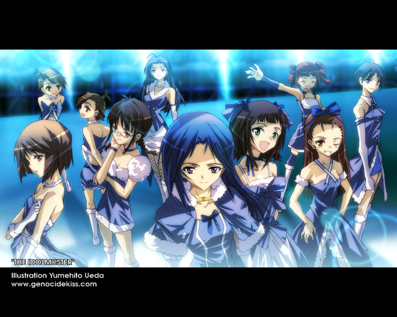 ueda yumehito, akizuki ritsuko, amami haruka, futami ami, futami mami, hagiwara yukiho, kikuchi makoto, kisaragi chihaya, minase iori, miura azusa, takatsuki yayoi, idolmaster, idolmaster (classic), idolmaster 1, looking away, 00s, 6+girls, ^ ^, back, bloomers, blue hair, bob cut, boots, braid, brown hair, buckle, capelet, choker, closed eyes, costume, cute & girly (idolmaster), dress, elbow gloves, everyone, fishnets, flat chest, fur trim, glasses, gloves, hair ribbon, hands on own hips, long hair, looking at viewer, looking back, midriff, multiple girls, one eye closed, outstretched arm, pastel marine, puffy sleeves, red eyes, ribbon, short hair, siblings, sisters, skirt, sleeveless, smile, standing, twin braids, twins, twintails, underwear