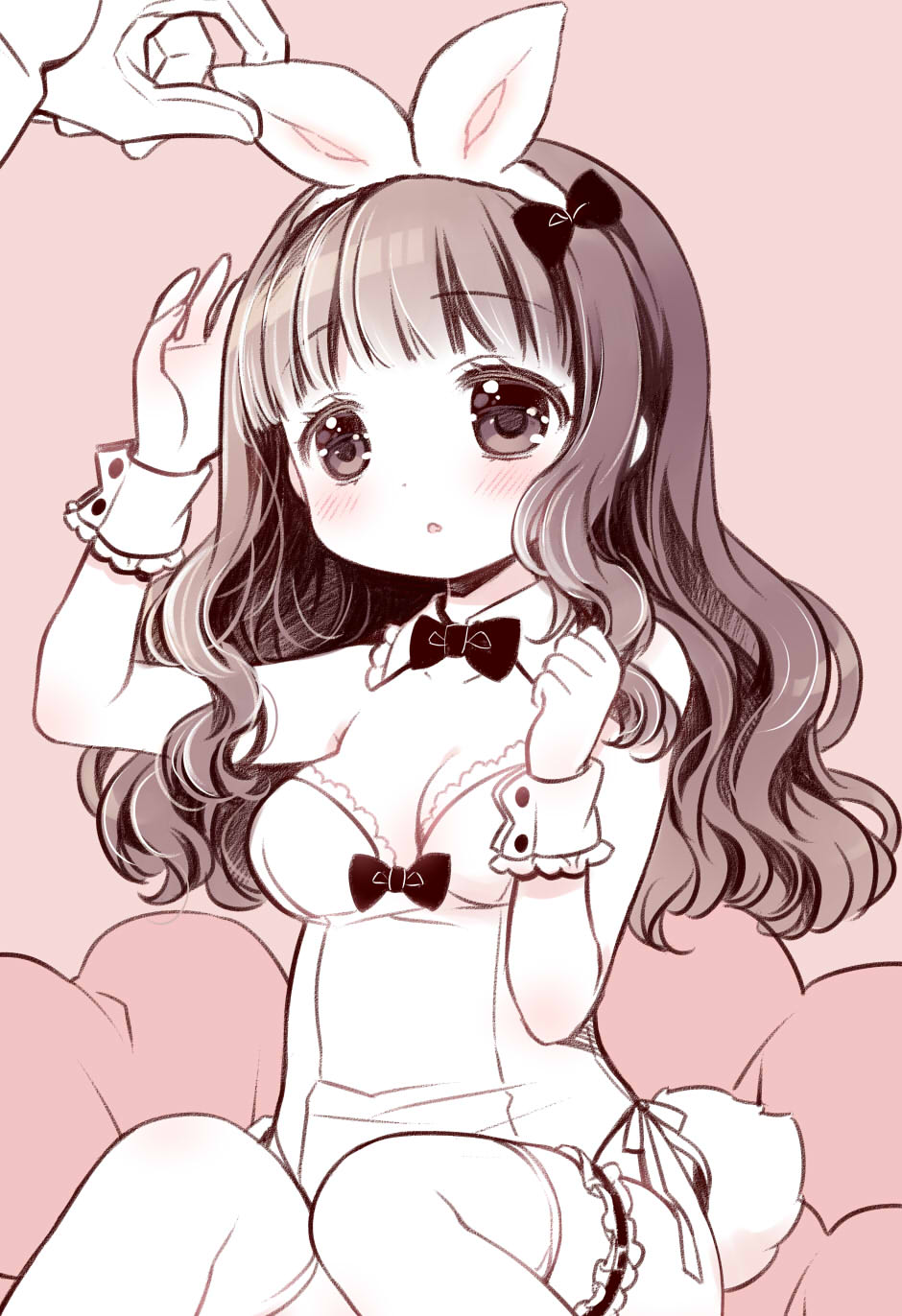 sakurazawa izumi, koucha shinshi, kusunoki midori, higanbana no saku yoru ni, commentary request, highres, 1boy, 1girl, :o, animal ears, bare shoulders, blush, breasts, bunny day, cleavage, fake animal ears, feet out of frame, gloves, hairband, leotard, long hair, medium breasts, out of frame, parted lips, rabbit ears, rabbit tail, solo focus, strapless, strapless leotard, tail, thighhighs, wavy hair, wrist cuffs