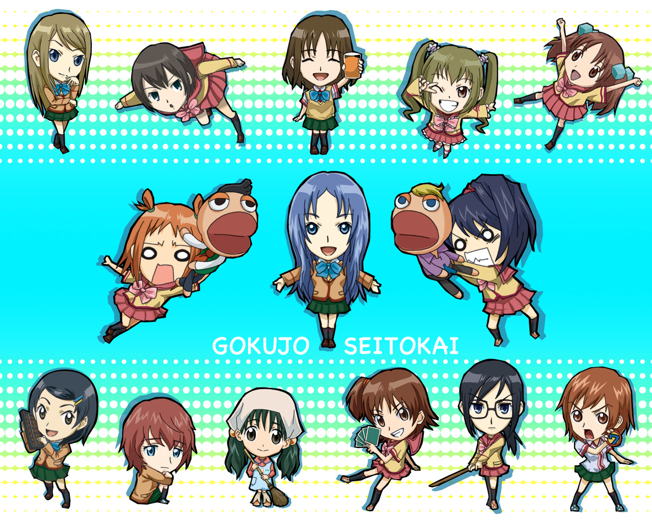 7-tan, cyndi manabe, ginga kuon, hida sayuri, hisakawa maachi, ichikawa mayura, izumi kaori, jinguuji kanade, katsura minamo, katsura seina, kinjo nanaho, kinjou nanaho, kutsugi kotoha, oume ayumu, pucchan, randou rino, tsunomoto rein, gokujou seitokai, 00s, 6+girls, :d, :o, ;d, apron, asymmetrical hair, badge, black socks, blazer, blonde hair, blue bow, blue eyes, blue hair, bow, broom, brown eyes, brown hair, card, chibi, chibi only, clenched teeth, copyright name, cube hair ornament, drink, empty eyes, everyone, full body, glass, green hair, green skirt, grin, hair ornament, hairclip, headscarf, holding, holding card, jacket, kneehighs, long hair, long sleeves, looking at viewer, multiple girls, o o, one eye closed, open mouth, orange hair, outstretched arms, pleated skirt, ponytail, puppet, red hair, red skirt, sailor collar, school uniform, shirt, side ponytail, skirt, smile, socks, standing, teeth, v, v over eye, very long hair, wavy mouth, white shirt