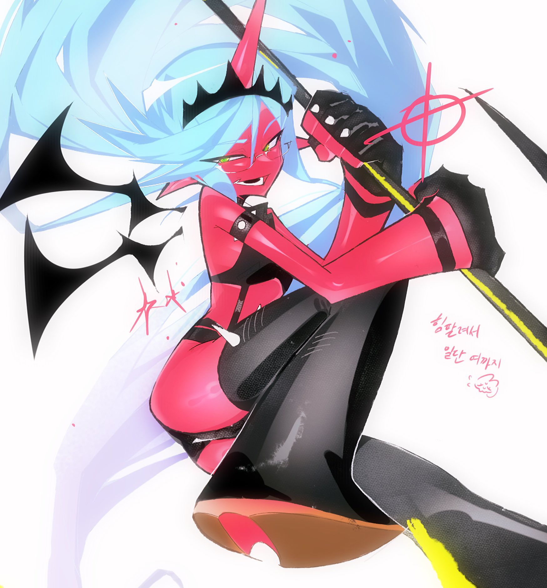 kneesocks (psg), panty & stocking with garterbelt, highres, 1girl, bibi 9834, breasts, collar, demon girl, demon horns, demon wings, flipped bangs, glasses, green eyes, high heels, horns, long hair, looking at viewer, medium breasts, ponytail, wings
