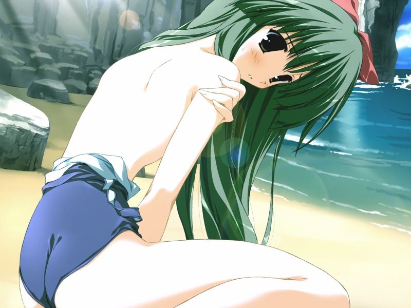 motoyon, jissouji fuyuha, moekan, game cg, 1girl, beach, blush, bow, day, female focus, green hair, hair bow, long hair, one-piece swimsuit, ribbon, solo, swimsuit, topless female, undressing