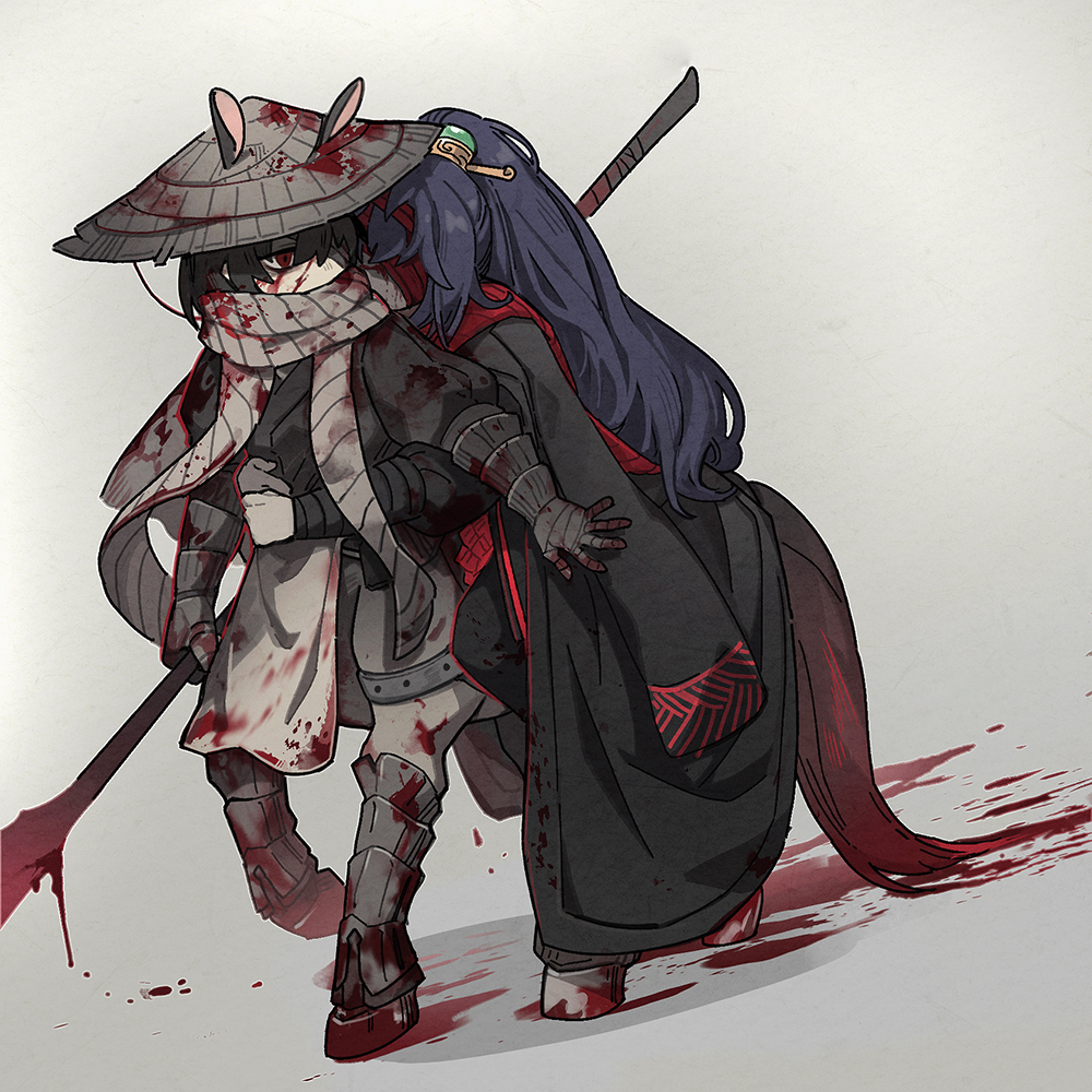 flaw eight, hong lu (project moon), yi sang (project moon), limbus company, project moon, 2boys, animal ears, black hair, blood, blood on face, blood trail, brown eyes, centaur, chinese clothes, conical hat, ears through headwear, family hierarch candidate (identity) (project moon), heishou pack-wu branch (identity) (project moon), holding, holding weapon, horse boy, horse ears, horseback riding, male focus, multiple boys, riding, taur, weapon
