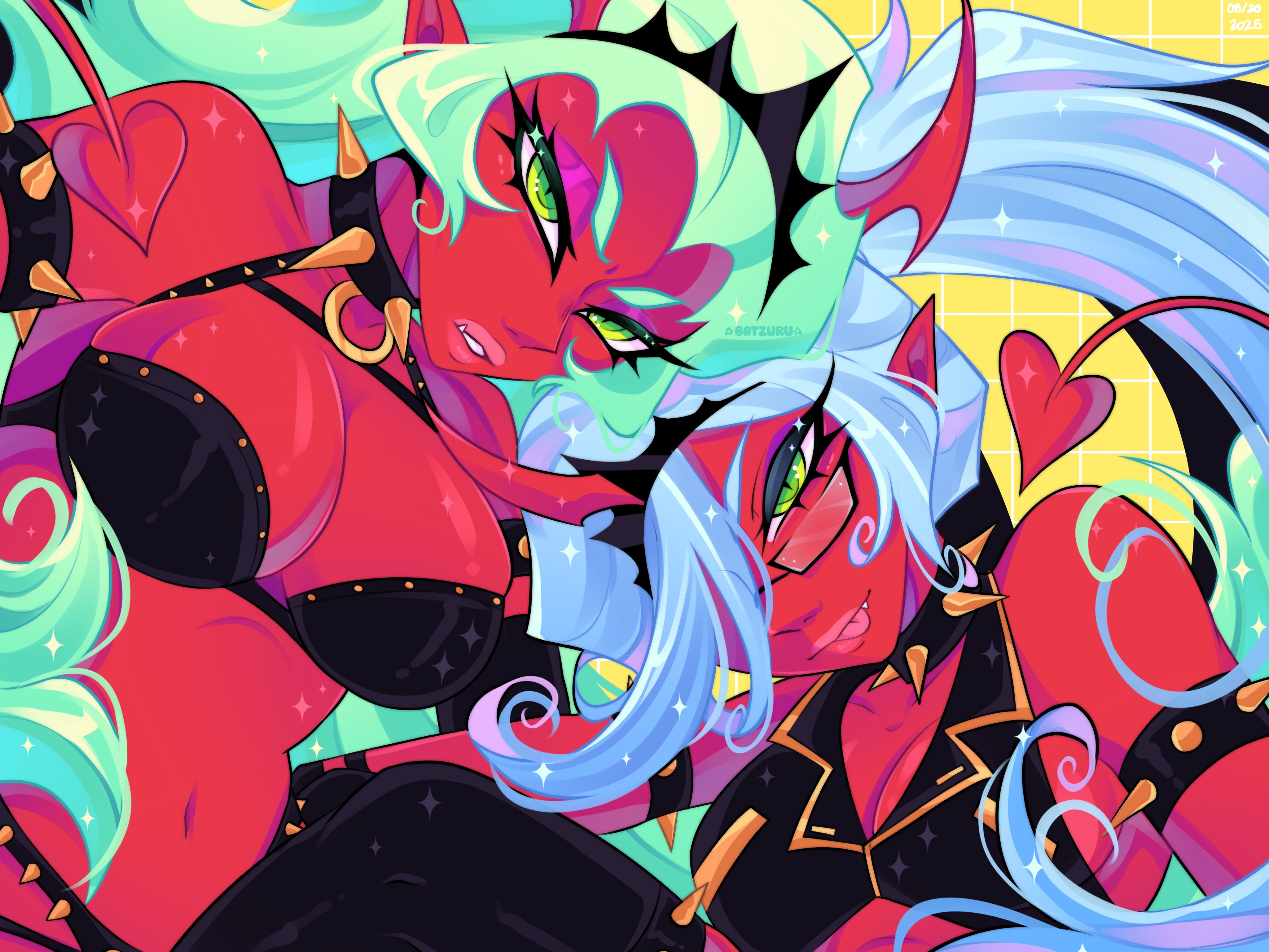 kneesocks (psg), scanty (psg), panty & stocking with garterbelt, absurdres, highres, 2girls, batzuruz, blue hair, breasts, colored skin, demon girl, demon horns, demon tail, demon wings, green eyes, green hair, horns, large breasts, long hair, looking at viewer, medium breasts, multiple girls, red skin, revealing clothes, tail, wings