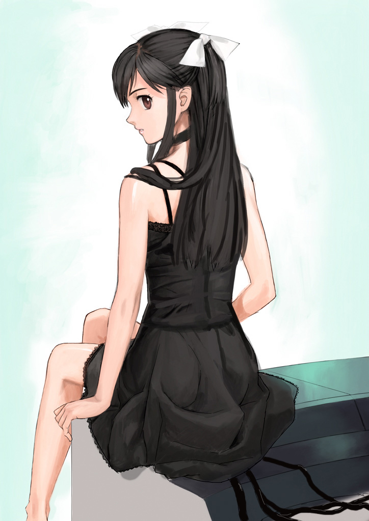 original, 1girl, bare shoulders, black dress, black hair, bow, brown eyes, choker, dress, female focus, from behind, long hair, looking at viewer, looking back, profile, sitting, solo