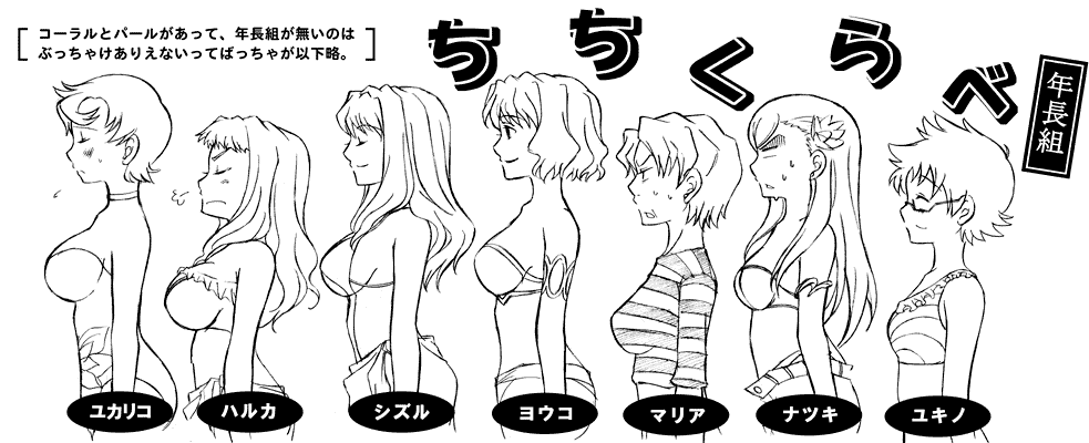 haruka armitage, maria graceburt, natsuki kruger, sagisawa youko, shizuru viola, youko helene, yukariko steinberg, yukino chrysant, my-otome, 00s, 6+girls, armlet, bikini, blouse, blush, bust chart, casual one-piece swimsuit, chart, closed eyes, collar, flat chest, flower, glasses, greyscale, hair flower, hair ornament, jewelry, lineup, long hair, miss maria, monochrome, multiple girls, one-piece swimsuit, profile, sarong, shaded face, shirt, short hair, smile, sweatdrop, swimsuit, very long hair, wavy hair
