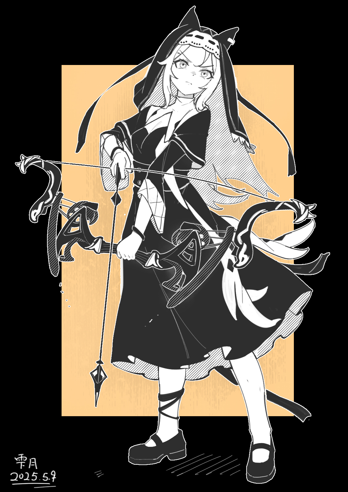 shizuku tsuki (2421424977), archetto (arknights), archetto (glory of the devout) (arknights), arknights, commentary, highres, symbol-only commentary, 1girl, animal ear headwear, arrow (projectile), black border, border, bow (weapon), bracelet, breasts, cleavage cutout, clothing cutout, compound bow, dated, drawing bow, dress, ears under headwear, fake animal ears, full body, gown, holding, holding arrow, holding bow (weapon), holding weapon, jewelry, long dress, long hair, looking to the side, mary janes, monochrome, outside border, serious, shoes, sidelocks, small breasts, solo, spot color, standing, three-quarter sleeves, veil, weapon, yellow background