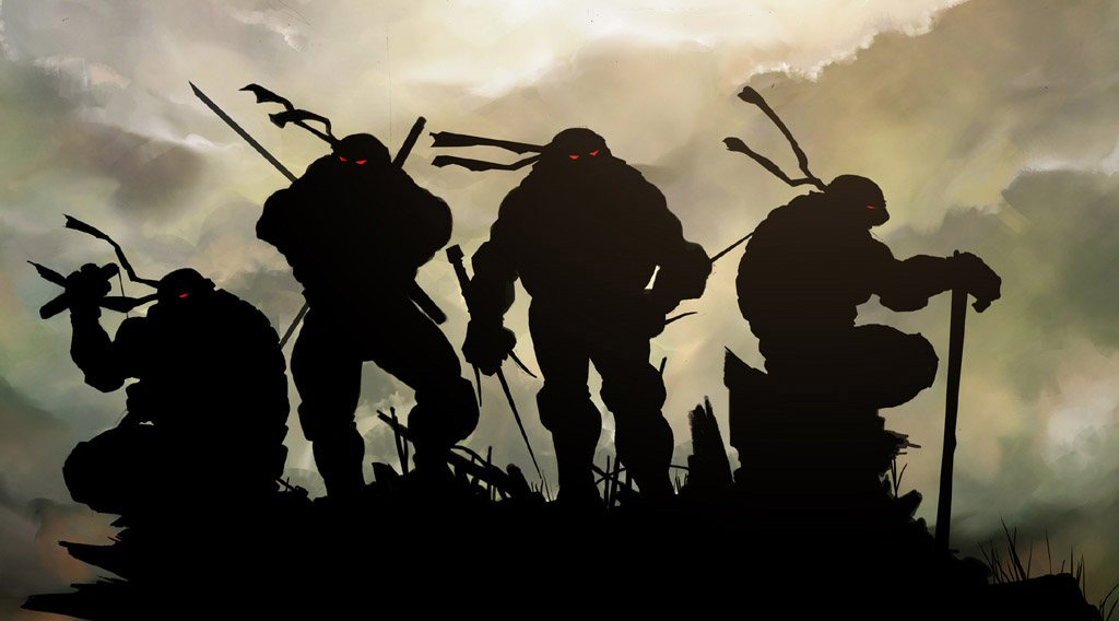 donatello (tmnt), leonardo (tmnt), michelangelo (tmnt), raphael (tmnt), band of brothers, teenage mutant ninja turtles, teenage mutant ninja turtles (2003), 4boys, bandana, epic, glowing, glowing eyes, katana, male focus, multiple boys, nunchaku, red eyes, sai (weapon), silhouette, staff, sword, weapon, wind