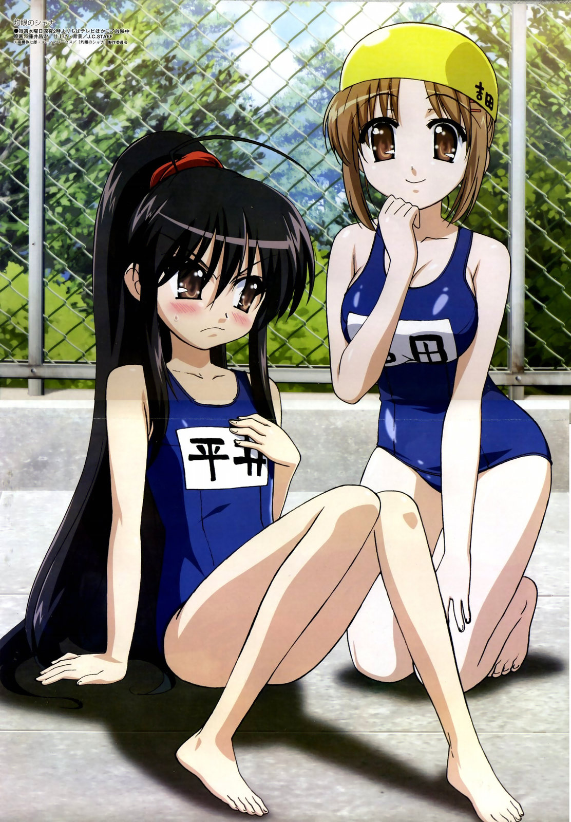 fujii masahiro, shana, yoshida kazumi, megami magazine, shakugan no shana, hand on thigh, looking away, highres, official art, scan, 00s, 2girls, ahoge, alternate hairstyle, annoyed, arm support, barefoot, black hair, blush, breast envy, breasts, brown eyes, brown hair, bush, chain-link fence, cleavage, cloud, crease, day, embarrassed, feet, fence, flat chest, frown, hair between eyes, hand on own chest, hand on own face, hand on own thigh, high ponytail, kneeling, large breasts, legs, long hair, looking at viewer, multiple girls, name tag, nature, one-piece swimsuit, outdoors, parted bangs, ponytail, poolside, school swimsuit, scrunchie, shadow, short hair, sidelocks, sitting, sky, smile, sweatdrop, swim cap, swimsuit, tiptoes, very long hair