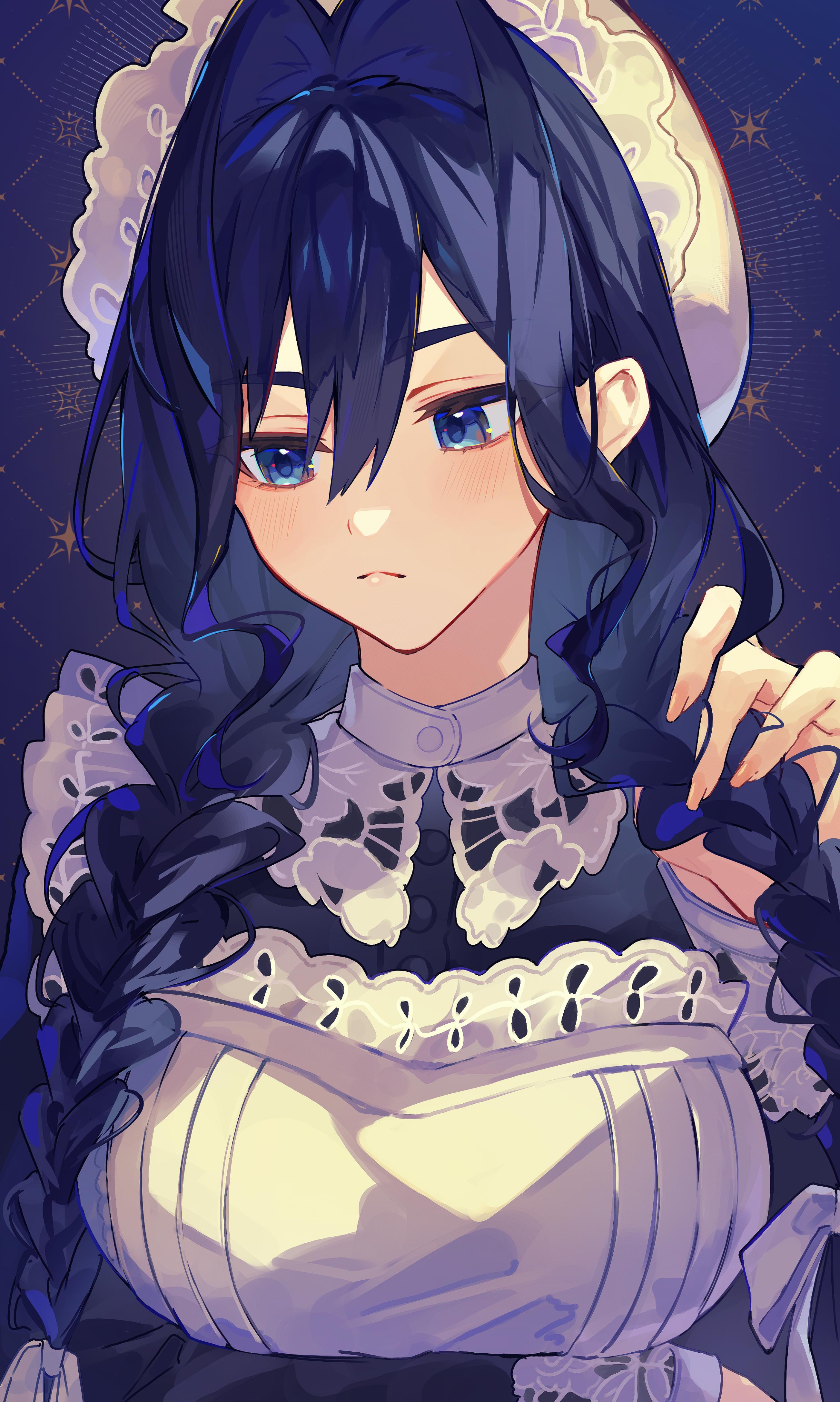 ohiru 0610, ouro kronii, hololive, hololive english, absurdres, highres, 1girl, black dress, blue background, blue eyes, blue hair, braid, breasts, closed mouth, dress, grabbing own hair, hair intakes, hat, holding, holding own hair, large breasts, long hair, looking down, maid, solo, twin braids, upper body, virtual youtuber, white hat