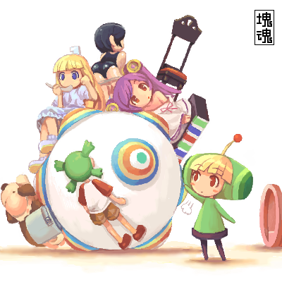 shigatake, koiwai yotsuba, reset (wonder festival), the prince, katamari damacy, super doll licca-chan, wonder festival, yotsubato!, lowres, 5girls, ass, chair, dog, figure, multiple girls, one-piece swimsuit, raglan sleeves, swimsuit