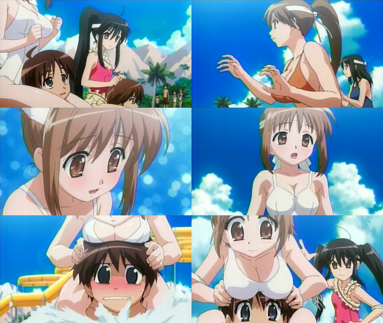 sakai yuuji, shana, yoshida kazumi, shakugan no shana, anime screenshot, 00s, 2boys, 2girls, collage, episode9, multiple boys, multiple girls, one-piece swimsuit, swimsuit
