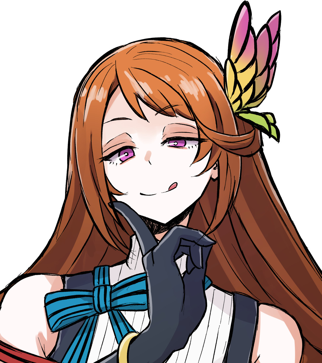 amon higu3106, rose guns days, highres, 1girl, black gloves, bow, bracelet, brown hair, butterfly hair ornament, gloves, hair ornament, hand up, jewelry, lee meixue, licking lips, long hair, long neck, looking at viewer, pink eyes, smile, solo, striped bow, tongue, tongue out, upper body