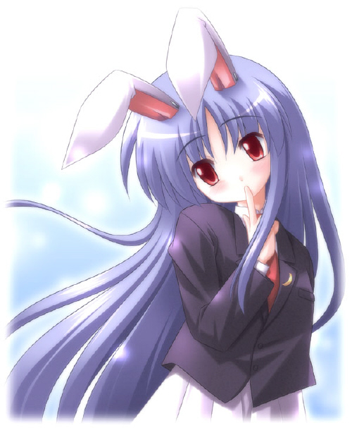nijiberu, reisen udongein inaba, touhou, 1girl, animal ears, blazer, blue background, blue hair, blunt bangs, crescent, female focus, head tilt, jacket, long hair, miniskirt, necktie, pleated skirt, rabbit ears, red eyes, sidelocks, skirt, solo, very long hair, white background
