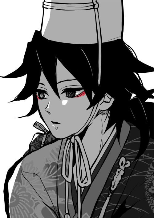 sinba (ying-hua), tomioka giyuu, kimetsu no yaiba, 1boy, alternate costume, black hair, close-up, empty eyes, hair between eyes, hat, japanese clothes, kimono, long hair, low ponytail, male focus, parted lips, ponytail, simple background, solo, spiked hair, split-color clothes, tate eboshi, upper body, white background