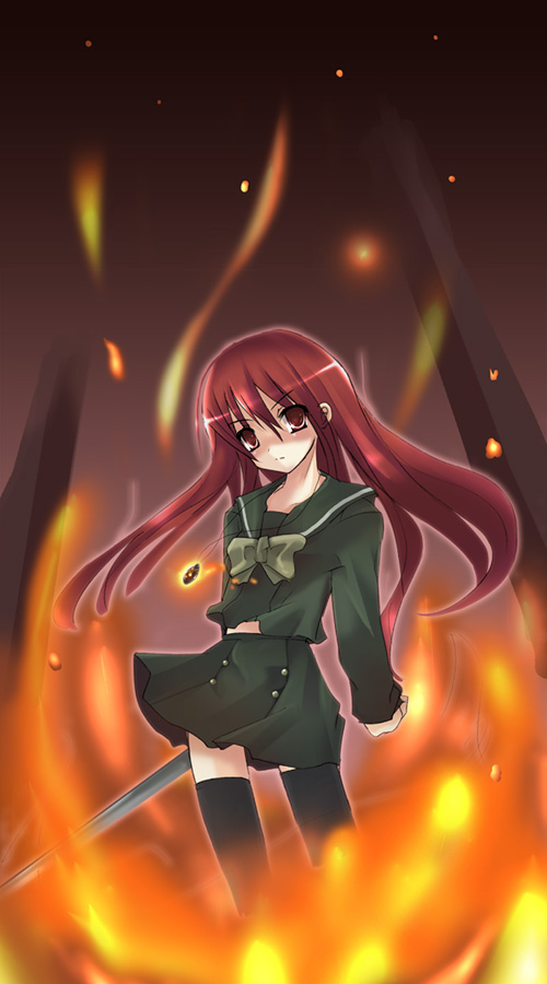 alastor (shakugan no shana), shana, shakugan no shana, 00s, 1girl, female focus, jewelry, pendant, red hair, school uniform, serafuku, solo, sword, thighhighs, weapon