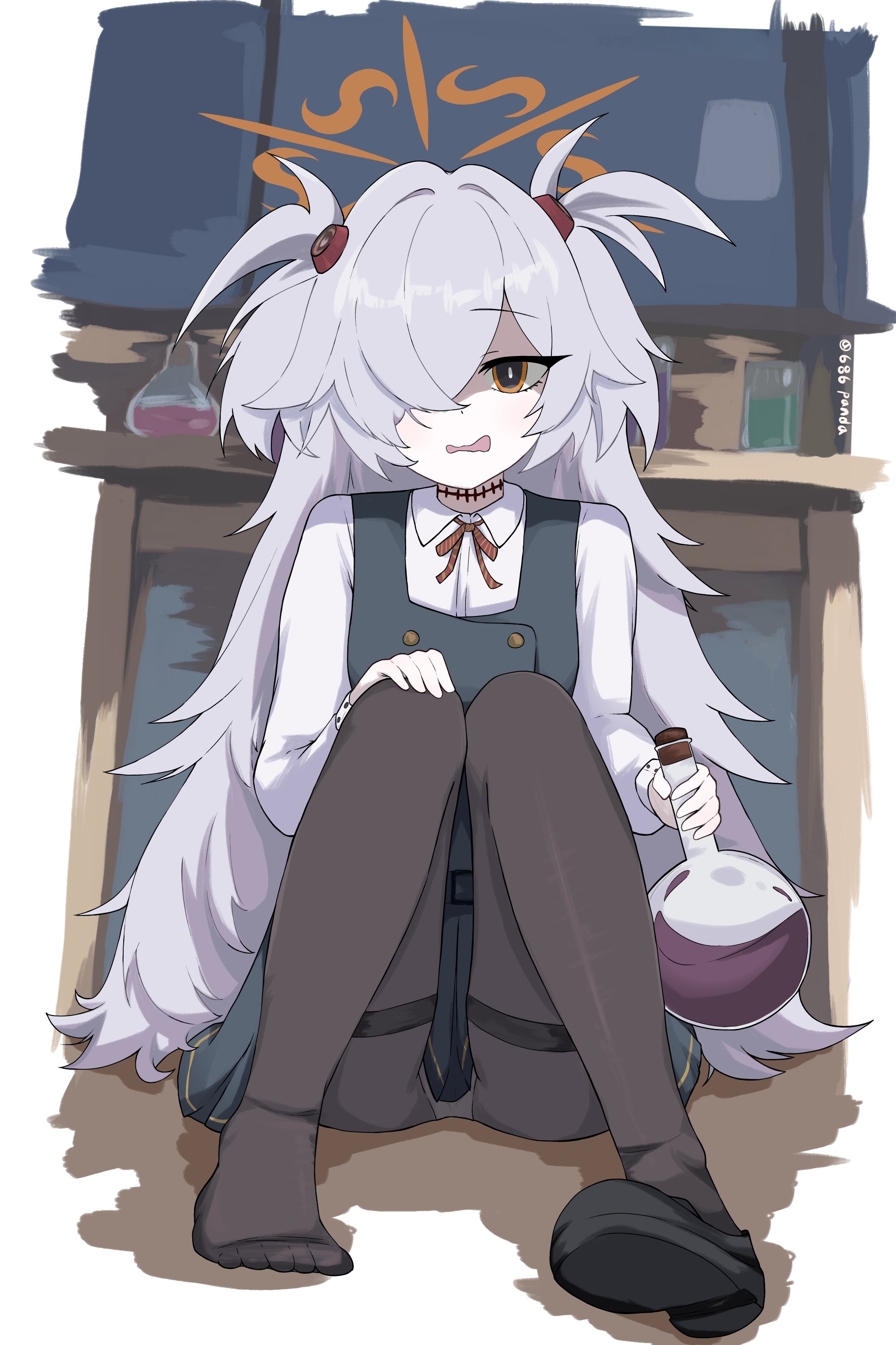 kanoe (blue archive), blue archive, fluffy hair, absurdres, highres, 1girl, 686panda, black dress, black pantyhose, breasts, brown eyes, brown halo, brown ribbon, buttons, collared shirt, diagonal-striped ribbon, dilated pupils, dot nose, double-breasted, dress, flask, grey hair, hair over one eye, halo, holding, holding flask, knees up, long hair, long sleeves, messy hair, mojyo, neck ribbon, on floor, one eye covered, pale skin, panties, pantyhose, pantyshot, pinafore dress, ribbon, round-bottom flask, scar, scar on neck, shaded face, shirt, sitting, sleeveless, sleeveless dress, small breasts, solo, sphere hair ornament, thighband pantyhose, two side up, underwear, very long hair, wavy mouth, white shirt