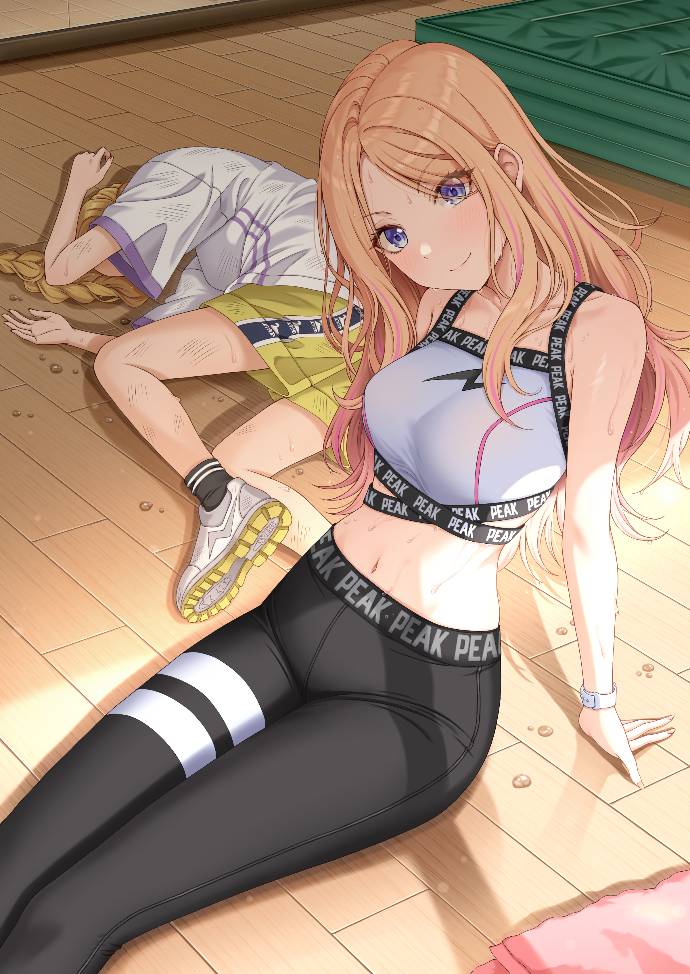 sulgi park, fujita kotone, juo sena, gakuen idolmaster, idolmaster, absurdres, highres, 2girls, bare shoulders, black leggings, black socks, blonde hair, braid, breasts, indoors, large breasts, leggings, long hair, looking at viewer, lying, meme, midriff, multicolored hair, multiple girls, navel, on side, pink hair, purple eyes, shirt, shoes, shorts, sitting, sneakers, socks, sports bra, streaked hair, sweat, twin braids, two-tone hair, white shirt, white shoes, white sports bra, yamcha pose (meme), yellow shorts