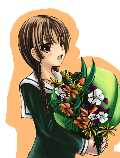 chiko (kanhogo), shimazu yoshino, maria-sama ga miteru, looking away, 00s, 1girl, bouquet, braid, brown eyes, brown hair, female focus, flower, hair over shoulder, long hair, long sleeves, open mouth, school uniform, serafuku, solo, twin braids