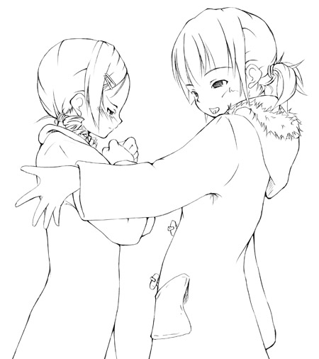 haya, fukuzawa yumi, matsudaira touko, maria-sama ga miteru, fur, 00s, 2girls, blush, casual, coat, greyscale, hair ornament, hairclip, hug, lineart, looking at another, looking down, monochrome, multiple girls, short hair, simple background, smile, twintails, winter clothes