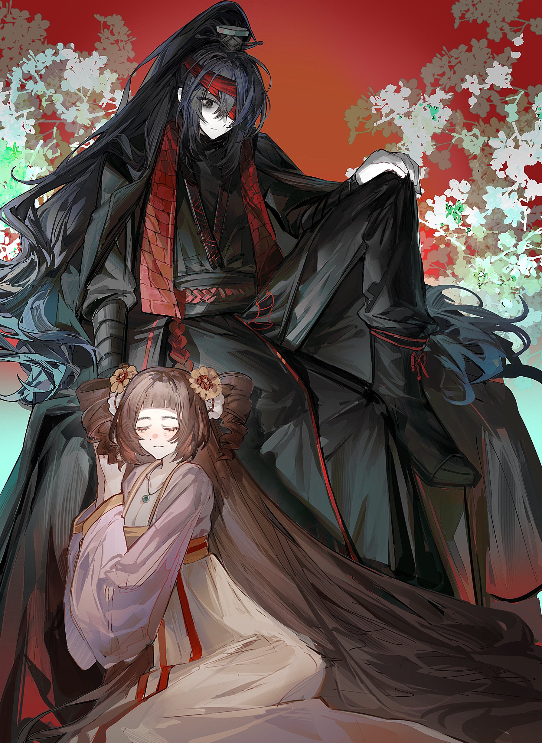 bochishiraita, hong lu (project moon), limbus company, project moon, absurdres, commentary request, highres, 1boy, 1girl, black eyes, black hair, breasts, brown hair, chinese clothes, cleavage, drill hair, expressionless, family hierarch candidate (identity) (project moon), hair ornament, hand on own knee, jewelry, knee up, light smile, long hair, necklace, one eye covered, very long hair, xue baochai (project moon)