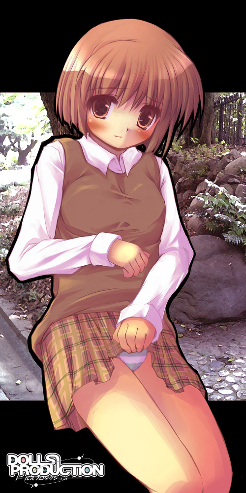 hako (dollspro), hagiwara yukiho, idolmaster, idolmaster (classic), idolmaster 1, 00s, blush, brown eyes, brown hair, clothes lift, dress shirt, green panties, lifting own clothes, miniskirt, panties, plaid clothes, plaid skirt, shirt, short hair, sitting, skirt, skirt lift, solo, striped clothes, striped panties, sweater vest, underwear, vest