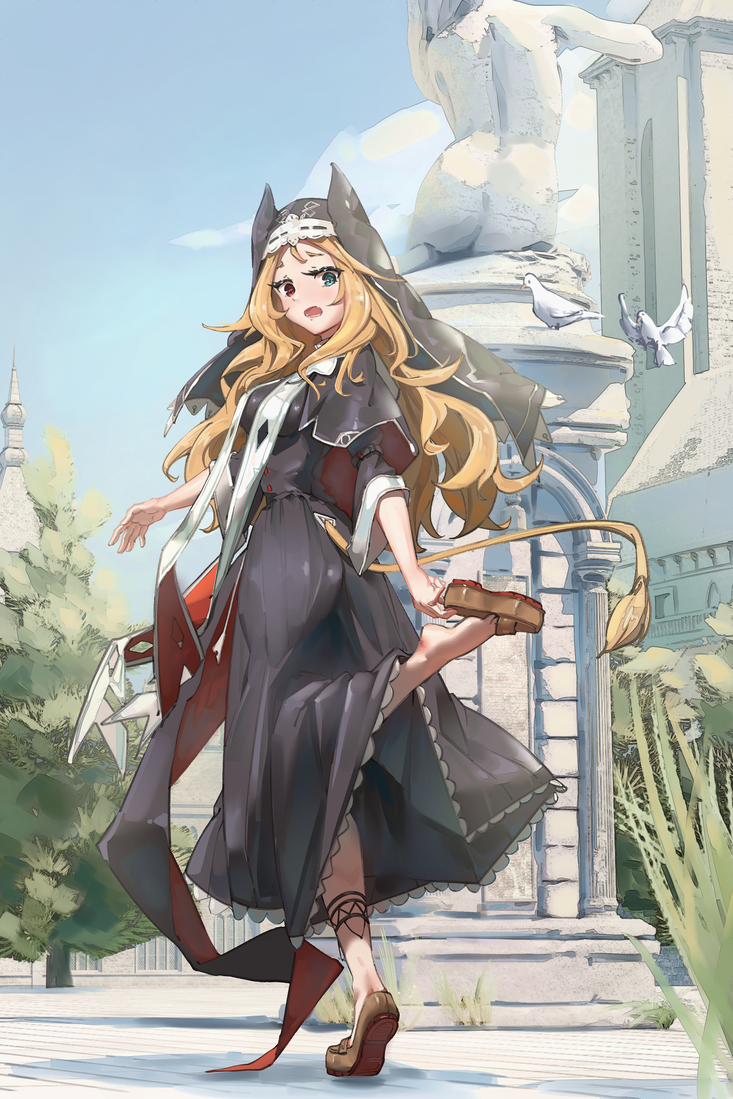 citrushn (sushimiganbo), archetto (arknights), archetto (glory of the devout) (arknights), arknights, absurdres, highres, 1girl, :o, adjusting clothes, adjusting shoe, anklet, aqua eyes, architecture, bird, black cloak, black dress, black veil, blonde hair, blue sky, breasts, brown shoes, cloak, clothing cutout, dove, dress, fangs, frilled dress, frills, from behind, full body, greco-roman architecture, heterochromia, jewelry, lion tail, loafers, long dress, long hair, long sidelocks, looking at object, looking back, looking down, medium breasts, no legwear, no socks, nun, outdoors, pine tree, red eyes, shoes, sidelocks, sky, solo, standing, standing on one leg, statue, surprised, tail, tail through clothes, three-quarter sleeves, tiptoes, tree, two-sided cloak, two-sided fabric, veil, yellow tail