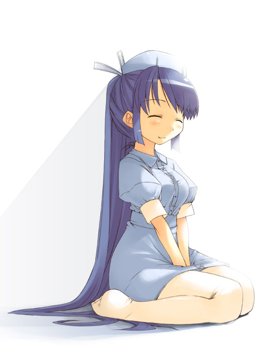 jirou (chekoro), original, uniform, 1girl, blue hair, blush, closed eyes, female focus, full body, happy, hat, long hair, nurse, nurse cap, ponytail, puffy sleeves, seiza, short sleeves, sidelocks, simple background, sitting, smile, solo, thighhighs, v arms, very long hair, white thighhighs