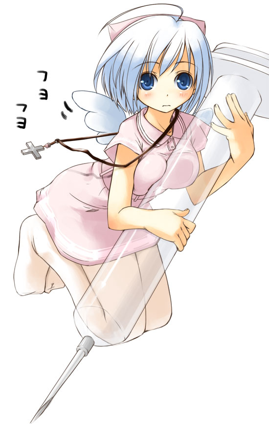 jirou (chekoro), original, uniform, 1girl, ahoge, angel wings, blue eyes, blue hair, breasts, cross, dress, female focus, full body, greek cross, hat, large syringe, looking at viewer, matching hair/eyes, medium breasts, nurse, nurse cap, oversized object, short dress, short hair, simple background, solo, syringe, thighhighs, white thighhighs, wings
