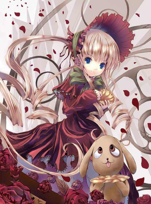 yamamoto nori, kunkun, shinku, rozen maiden, 00s, 1girl, blonde hair, blue eyes, blunt bangs, bonnet, capelet, cup, doll, dress, drill hair, female focus, flower, light smile, long hair, long sleeves, petals, red dress, rose, rose petals, sleeves past wrists, solo, stuffed animal, stuffed toy, teacup