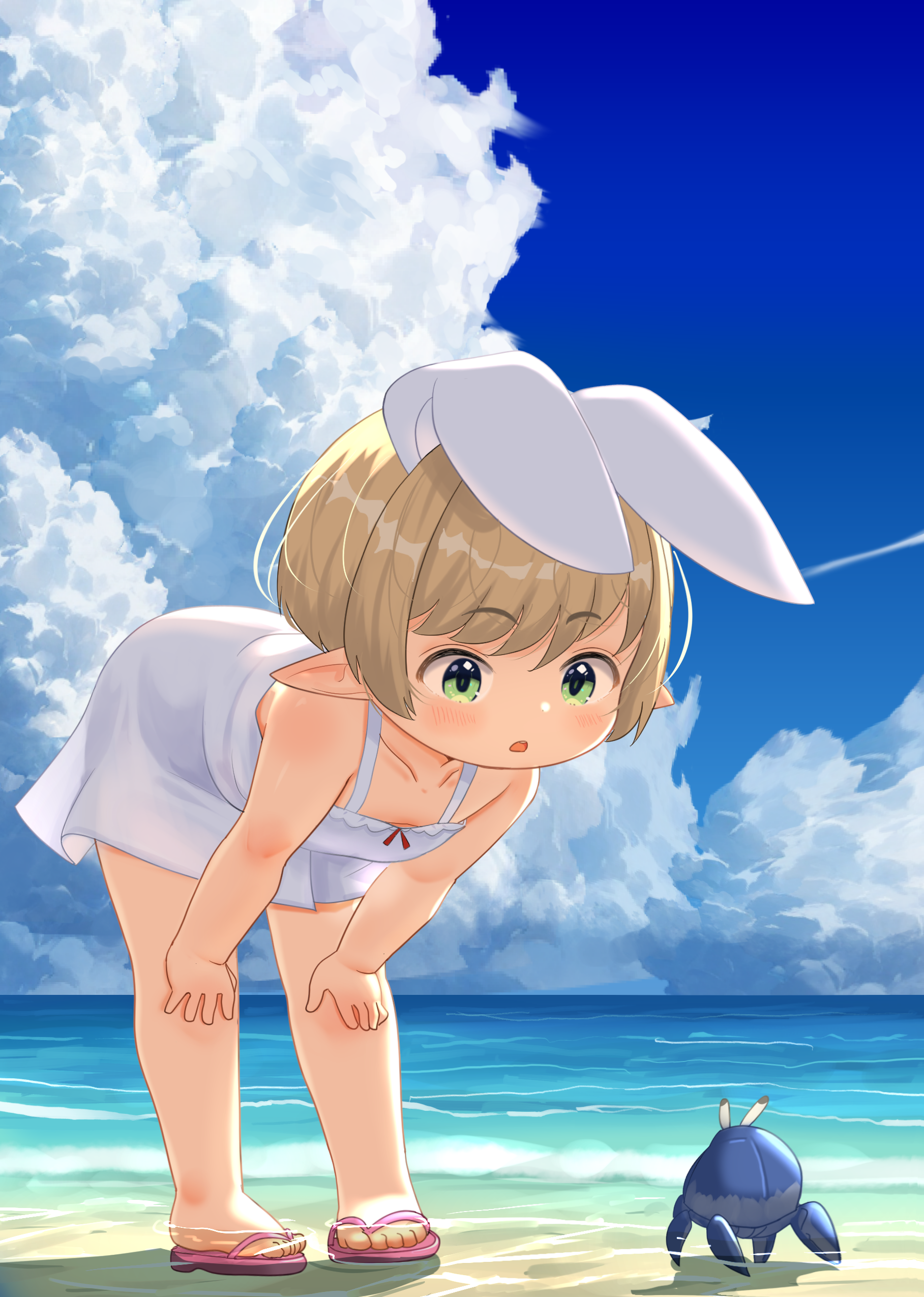 shelldy, final fantasy, final fantasy xiv, absurdres, commentary request, highres, 1girl, beach, blue sky, breasts, brown hair, cloud, collarbone, day, dress, green eyes, lalafell, leaning forward, open mouth, outdoors, pointy ears, sandals, short hair, sky, small breasts, solo, toes, white dress