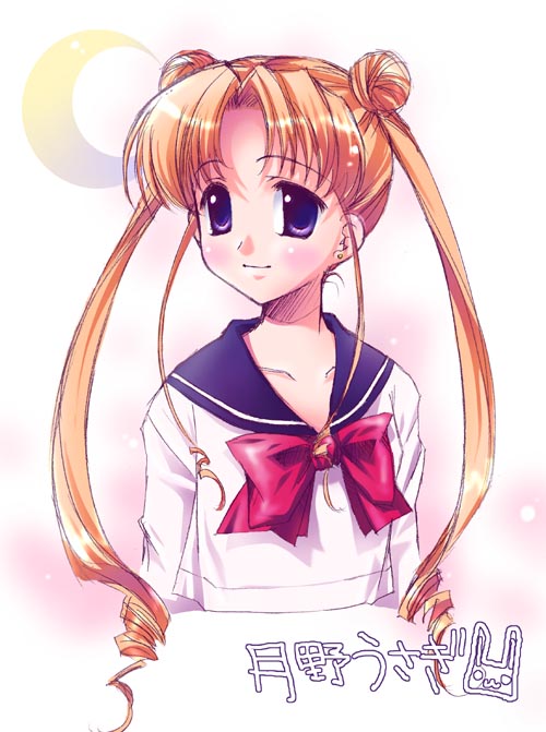 ryouka (suzuya), tsukino usagi, bishoujo senshi sailor moon, 1990s (style), 1girl, blonde hair, blue eyes, blue sailor collar, blush, bow, character name, crescent moon, double bun, female focus, hair bun, long hair, long sleeves, moon, red bow, retro artstyle, sailor collar, school uniform, serafuku, solo, twintails