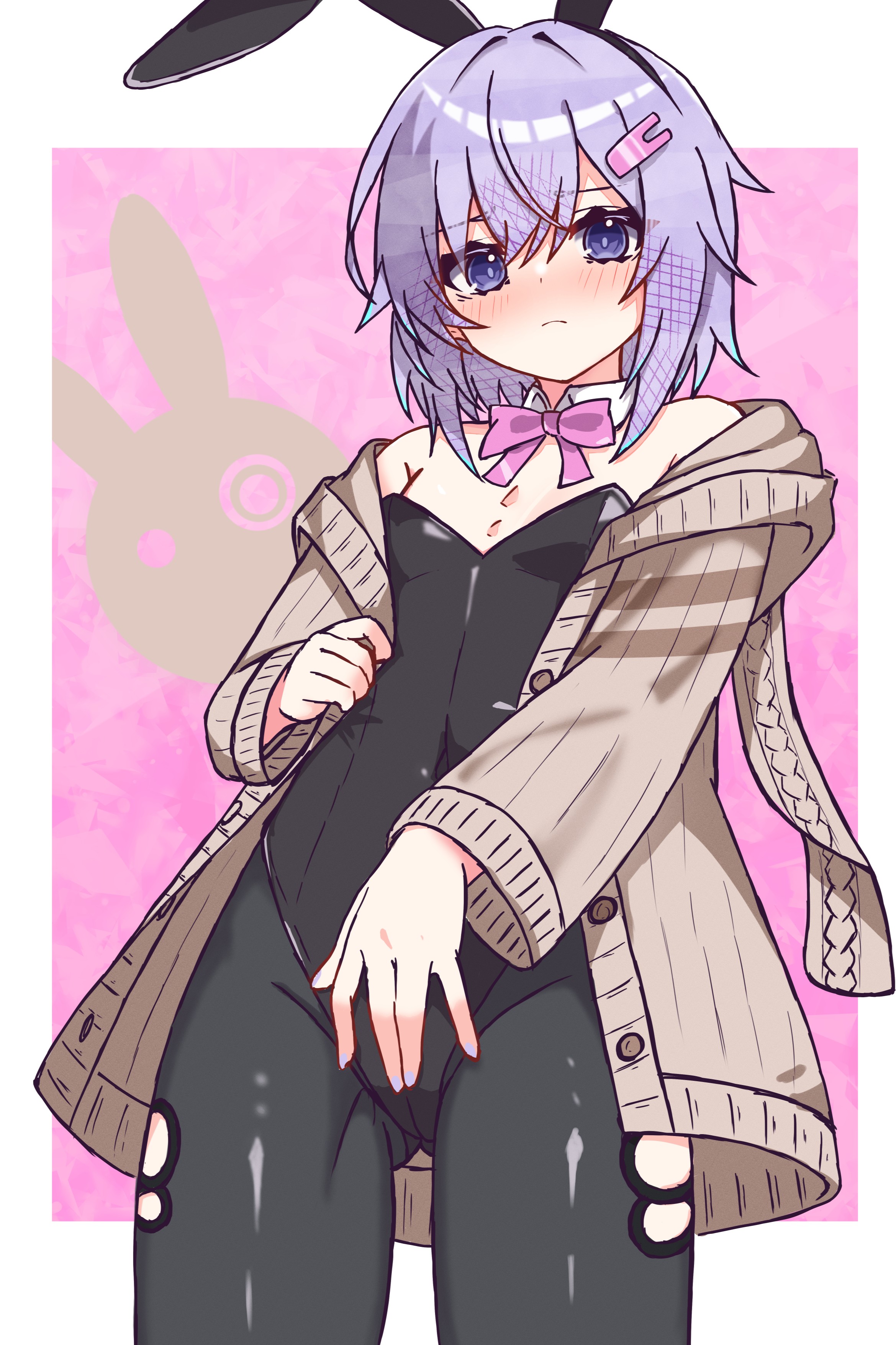 noir (noire6959), yuzuki yukari, vocaloid, absurdres, highres, 1girl, animal ears, bare shoulders, black leotard, black pantyhose, blush, bow, bowtie, closed mouth, cowboy shot, detached collar, fake animal ears, flat chest, flustered, gluteal fold, hair ornament, hairclip, legwear cutout, leotard, looking at viewer, messy hair, off shoulder, pantyhose, pantyhose cutout, playboy bunny, purple eyes, purple hair, rabbit ears, short hair, short hair with long locks, solo, strapless, strapless leotard