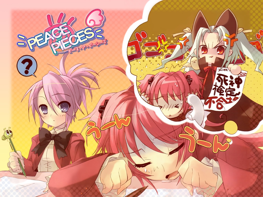 ito noizi, akizuki nagi, momose hikaru, peace@pieces, 3girls, ?, ahoge, anger vein, blush, bow, closed eyes, cropped jacket, death, dreaming, drooling, eyes visible through hair, hair ornament, hairclip, looking at another, multiple girls, open mouth, paper, pen, pink hair, purple eyes, red eyes, red hair, scared, school uniform, shaded face, short hair, sitting, sleeping, spoken question mark, sweat, twintails