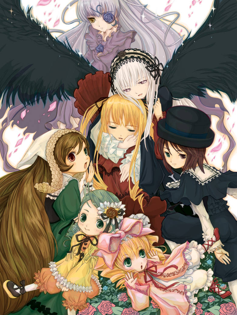 saiguchi otoufu, barasuishou, hinaichigo, kanaria, shinku, souseiseki, suigintou, suiseiseki, rozen maiden, silver hair, jpeg artifacts, 00s, 6+girls, black wings, blonde hair, bonnet, brown hair, dress, drill hair, eyepatch, flower, frills, green hair, hand to own mouth, hat, heterochromia, hug, long hair, looking back, looking down, multiple girls, open mouth, petals, ribbon, rose, sad, top hat, very long hair, wings