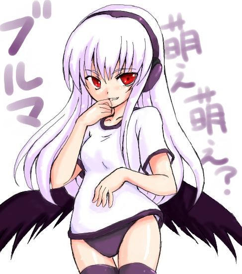 suigintou, rozen maiden, silver hair, 00s, buruma, gym uniform, headphones, red eyes, solo, thighhighs, thighs, wings