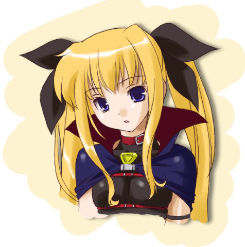 fate testarossa, fate testarossa (lightning form), lyrical nanoha, mahou shoujo lyrical nanoha, lowres, 00s, 1girl, :o, black ribbon, blonde hair, blue cape, cape, female focus, hair ribbon, long hair, magical girl, parted lips, purple eyes, ribbon, sidelocks, simple background, skin tight, solo, twintails, upper body, yellow background