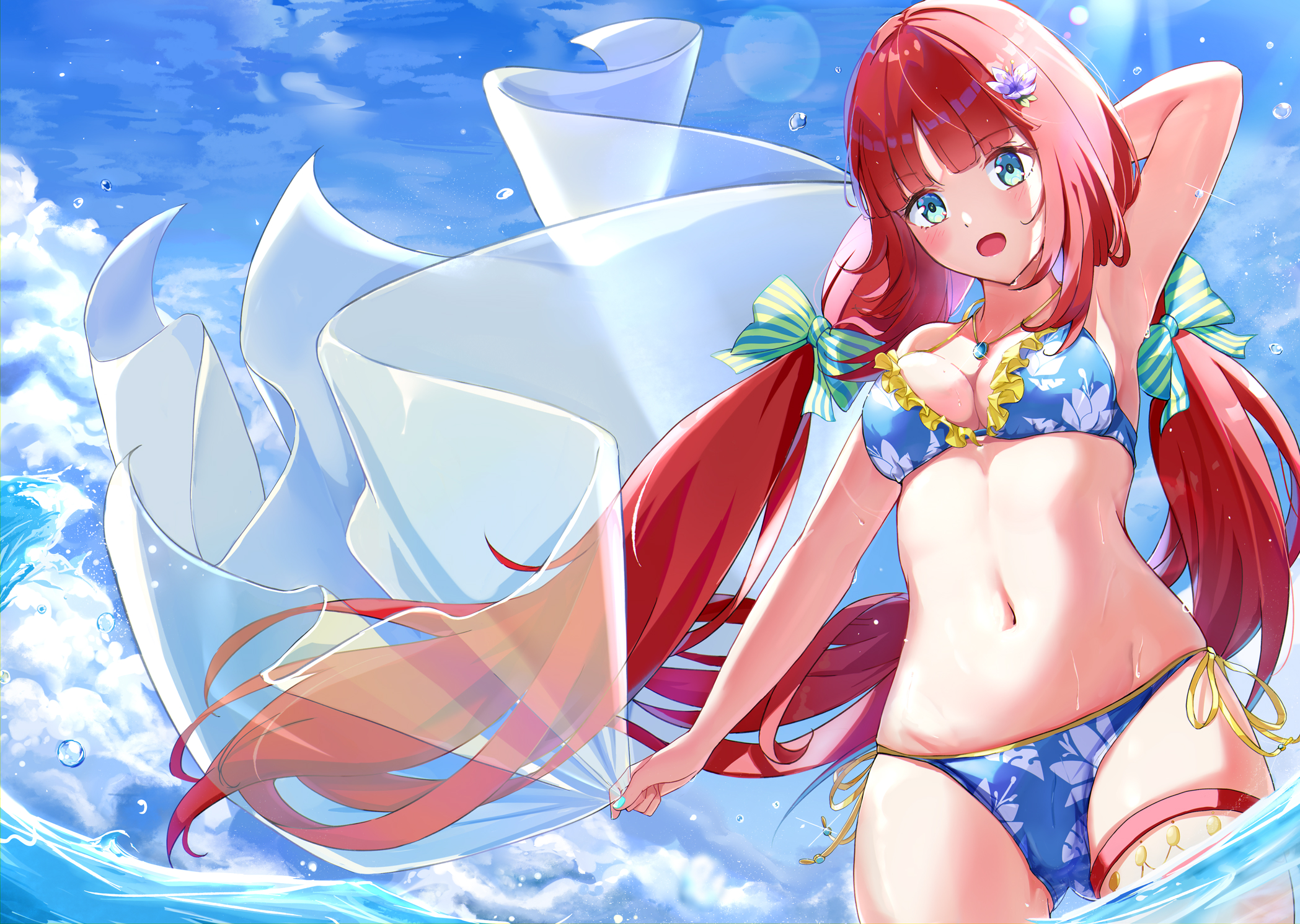 310setsu, nilou (genshin impact), genshin impact, commentary request, highres, 1girl, alternate costume, arm behind head, bikini, blue bikini, blue sky, bow, breasts, cowboy shot, flower, green bow, green eyes, hair bow, hair flower, hair ornament, holding, jewelry, long hair, low twintails, medium breasts, navel, necklace, open mouth, purple flower, red hair, side-tie bikini bottom, sky, solo, stomach, striped bow, swimsuit, thigh strap, twintails, water, yellow trim