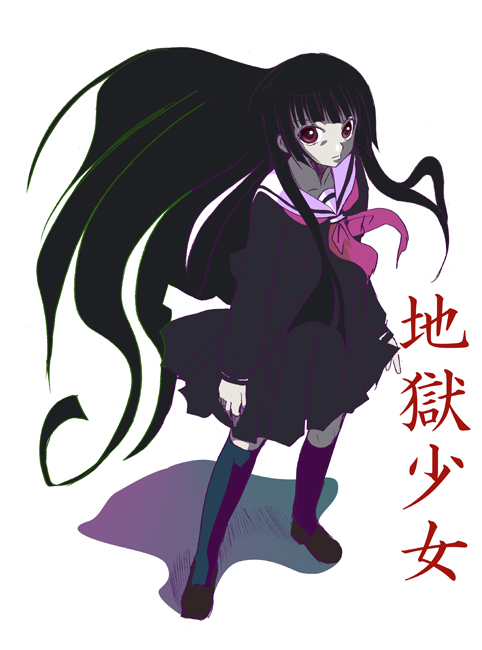 sawano akira, enma ai, jigoku shoujo, 00s, 1girl, black hair, black serafuku, black skirt, blunt bangs, copyright name, female focus, hime cut, long hair, pleated skirt, red eyes, school uniform, serafuku, simple background, skirt, solo, very long hair