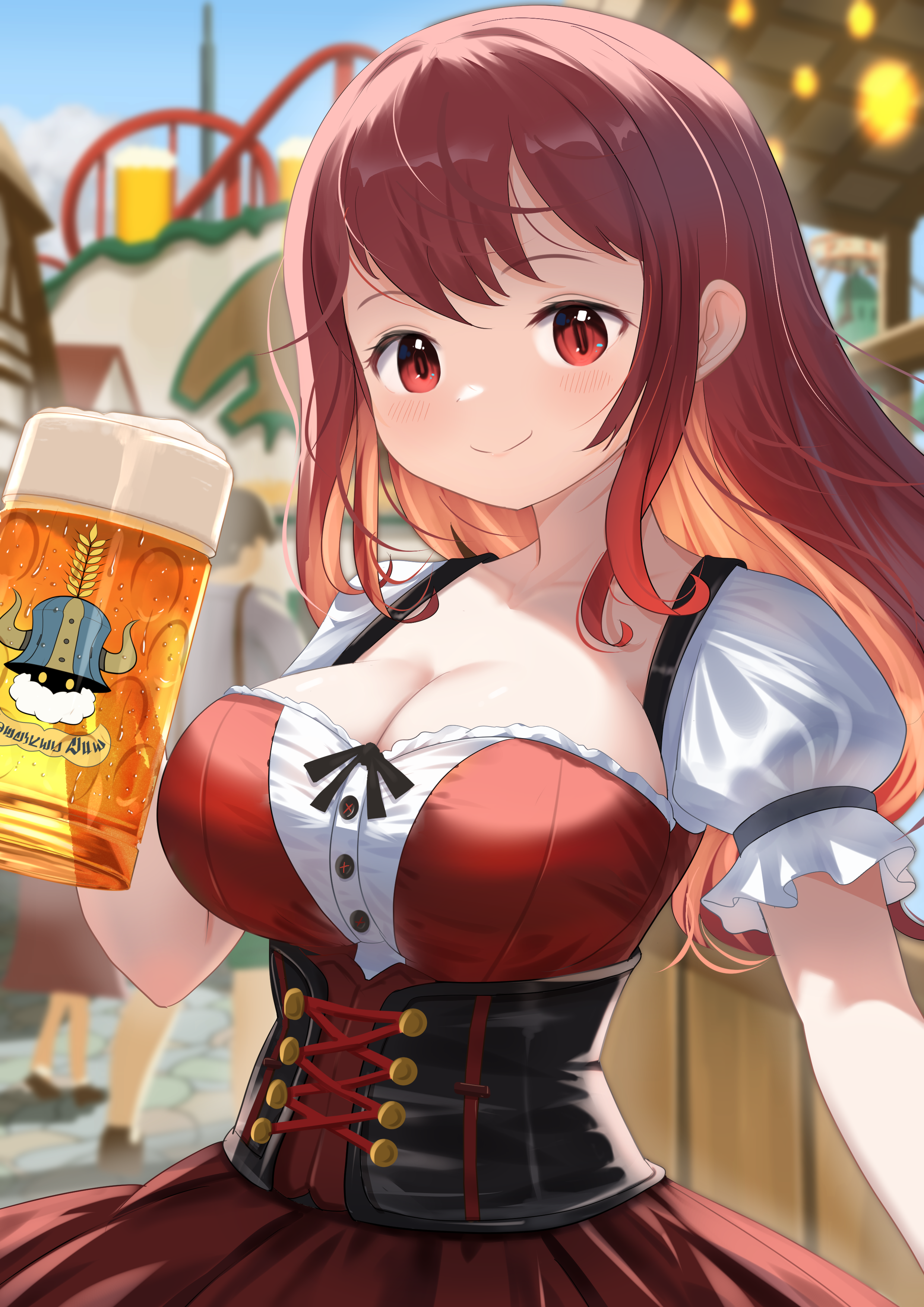 shelldy, final fantasy, final fantasy xiv, absurdres, commentary request, highres, textless version, 1girl, alcohol, beer, beer mug, breasts, cleavage, closed mouth, cup, dirndl, dress, german clothes, holding, holding cup, hyur, large breasts, long hair, looking at viewer, mug, outdoors, puffy short sleeves, puffy sleeves, red dress, red eyes, short sleeves, smile, solo, upper body