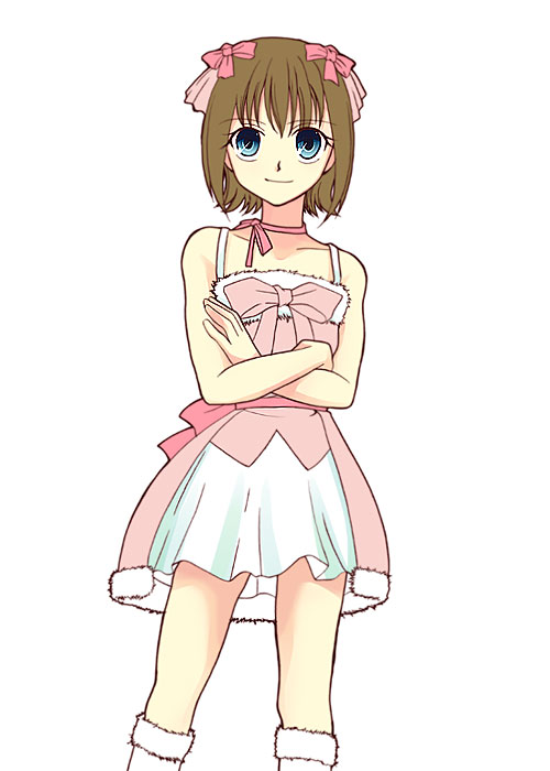 gunp, mori kouichirou, amami haruka, idolmaster, idolmaster (classic), idolmaster 1, 00s, 1girl, blue eyes, bow, brown hair, crossed arms, cute & girly (idolmaster), female focus, fur trim, looking at viewer, neck ribbon, pink bow, ribbon, simple background, snow strawberry, solo, white background