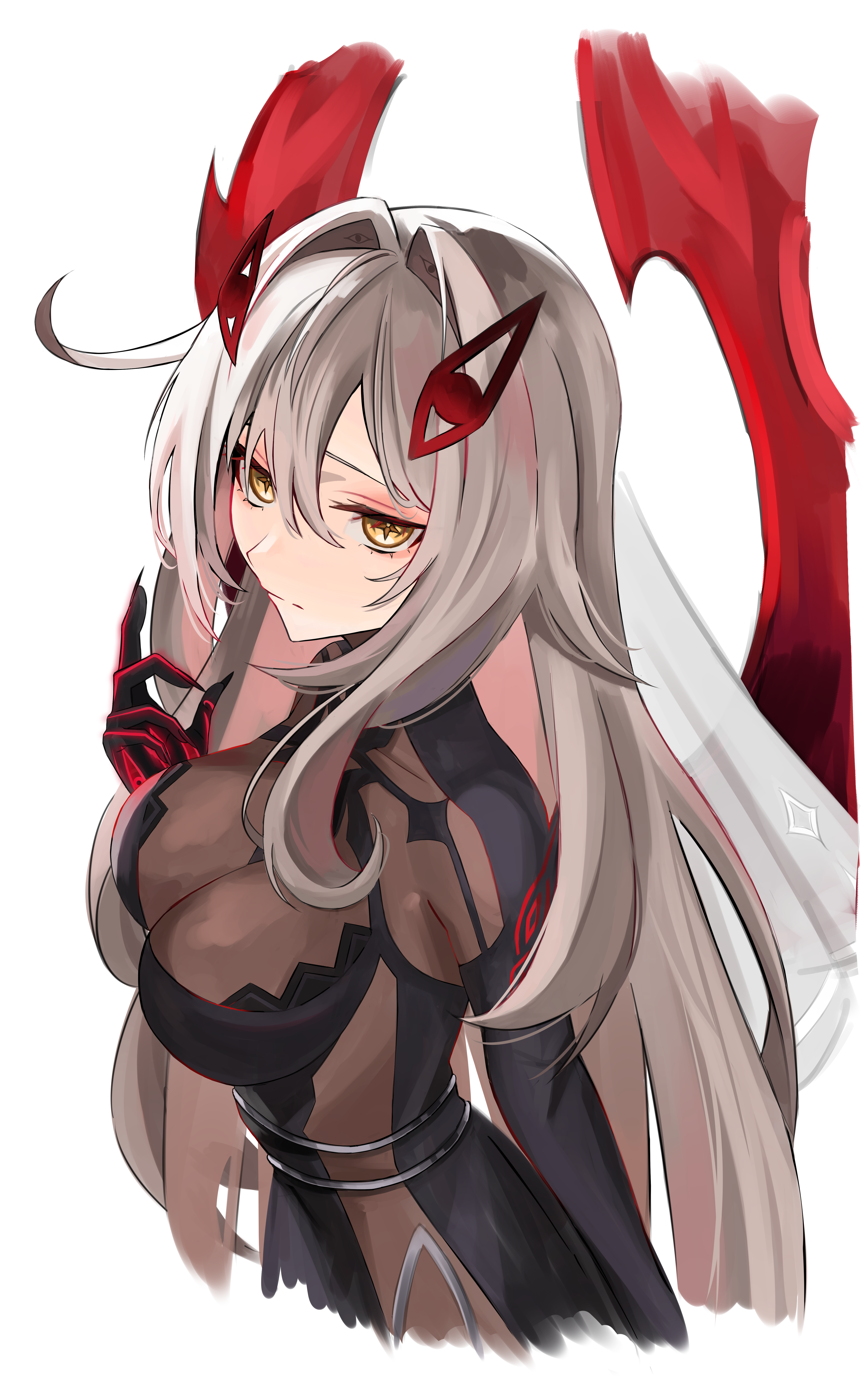 halme825, ronova (genshin impact), genshin impact, absurdres, commentary request, highres, 1girl, black dress, bodystocking, breasts, cleavage, closed mouth, dress, eye hair ornament, eye symbol, fingernails, hair between eyes, hair intakes, hair ornament, large breasts, long fingernails, long hair, looking at viewer, red wings, sharp fingernails, side ahoge, solo, standing, symbol-shaped pupils, upper body, very long hair, white background, white hair, wings, yellow eyes