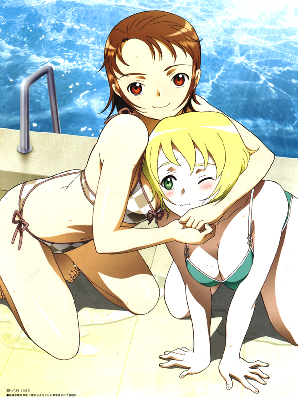 hisayuki hirokazu, akane soir, erstin ho, my-otome, official art, 00s, 2girls, all fours, bikini, blonde hair, blush, breasts, brown hair, checkered bikini, checkered clothes, cleavage, green bikini, green eyes, headlock, kneeling, looking at viewer, multiple girls, pool, pool ladder, poolside, red eyes, side-tie bikini bottom, smile, swimsuit, water, wavy mouth, wet, wince