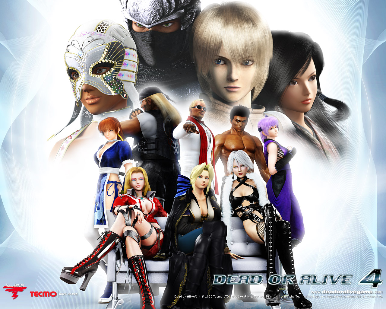 ayane (doa), bass armstrong, christie (doa), eliot (doa), helena douglas, jann lee, kasumi (doa), kokoro (doa), la mariposa (doa), leon (doa), lisa hamilton, ryu hayabusa, tina armstrong, zack (doa), dead or alive, dead or alive 4, tecmo, silver hair, official art, official wallpaper, 3d, 5boys, 6+girls, bandana, black hair, blonde hair, boots, breasts, brown hair, cleavage, couch, crossed legs, dark skin, earrings, everyone, fishnets, half mask, headband, helmet, high heels, jewelry, large breasts, luchadora, mask, medium breasts, multiple boys, multiple girls, muscular, ninja, purple hair, shoes, sitting, sunglasses, thigh boots, thighhighs, topless male