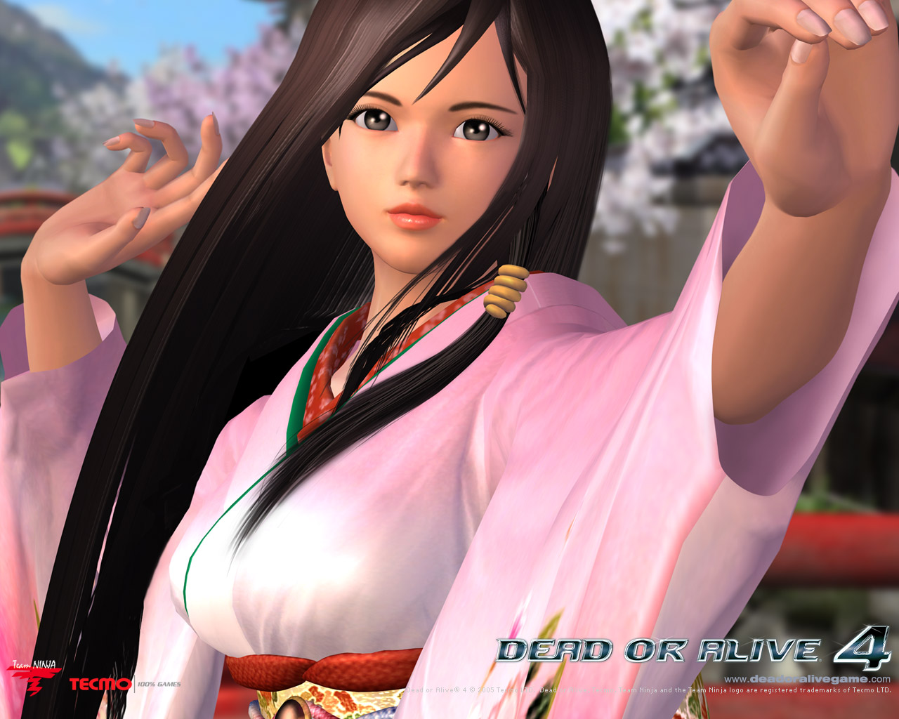 kokoro (doa), dead or alive, dead or alive 4, tecmo, official art, official wallpaper, 1girl, 3d, black hair, copyright name, female focus, grey eyes, japanese clothes, kimono, lipstick, long hair, makeup, outdoors, sky, solo