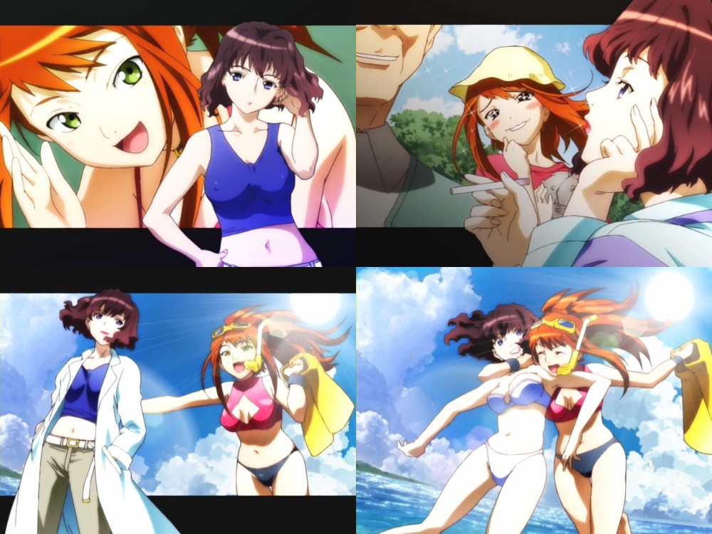 sagisawa youko, sugiura midori, my-hime, anime screenshot, 00s, 2girls, belt, bikini, black bikini, breasts, brown hair, cigarette, cleavage cutout, clothing cutout, covered erect nipples, crop top, day, flippers, goggles, green eyes, grey eyes, lab coat, long hair, medium breasts, midriff, multiple girls, navel, orange hair, pants, ponytail, red bikini, short hair, snorkel, strapless, strapless bikini, swim goggles, swimsuit, tank top, white bikini